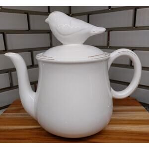 Teapot with Bird Stamped Bellini-Italy White with Distressed Goldish/Brown Trim